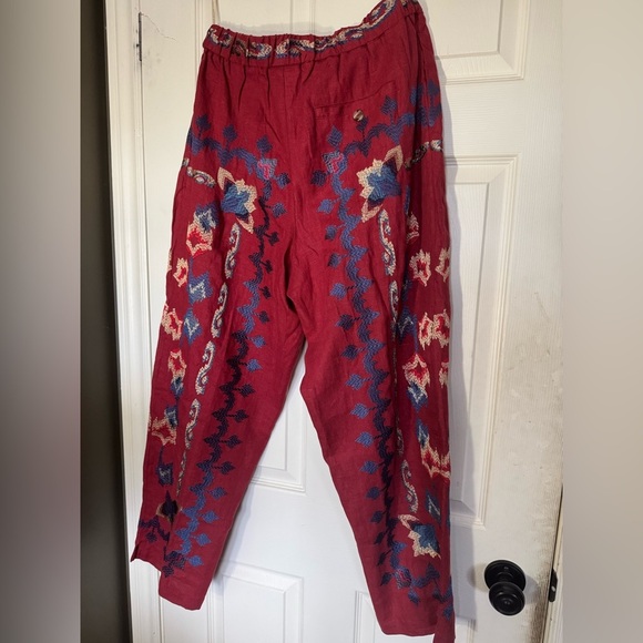 Red Floral Embroidery Jacquard Pants 💯 linen NWT - Picture 6 of 12